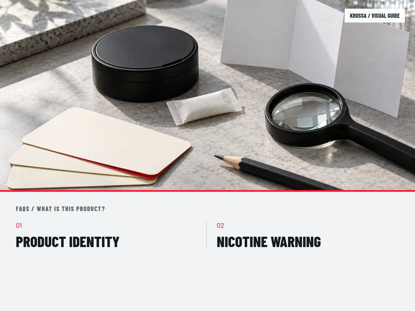 What is this product?: PRODUCT IDENTITY; NICOTINE WARNING