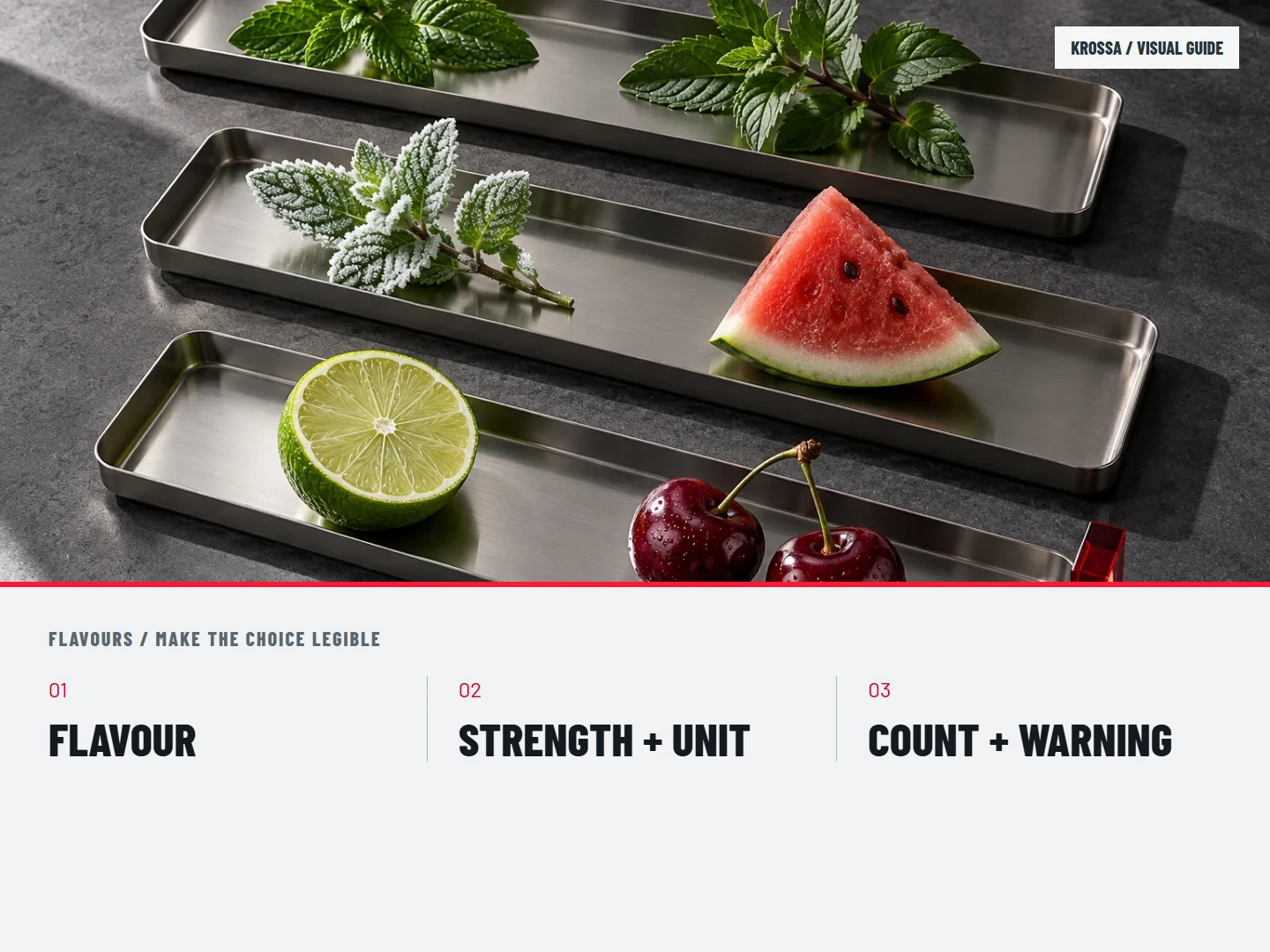 Make the choice legible: FLAVOUR; STRENGTH + UNIT; COUNT + WARNING