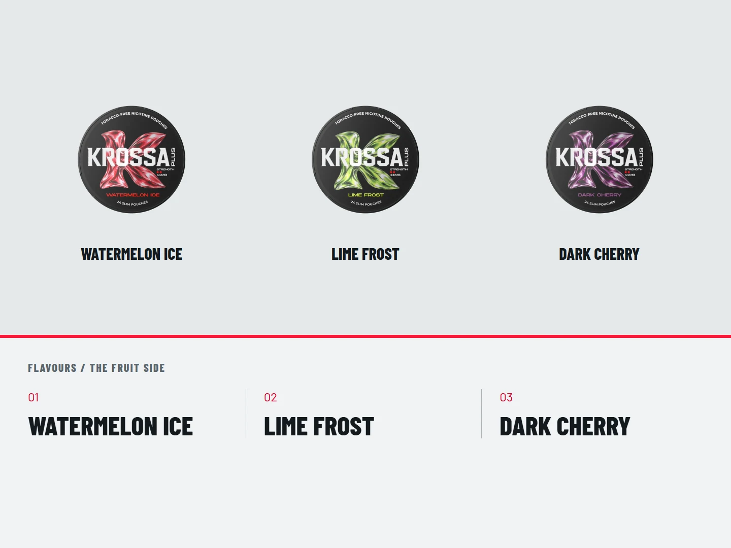 The fruit side: WATERMELON ICE; LIME FROST; DARK CHERRY