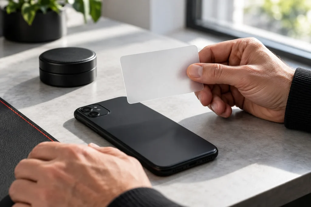 Adult hands holding a blank identity-card-shaped prop beside a phone and a closed can
