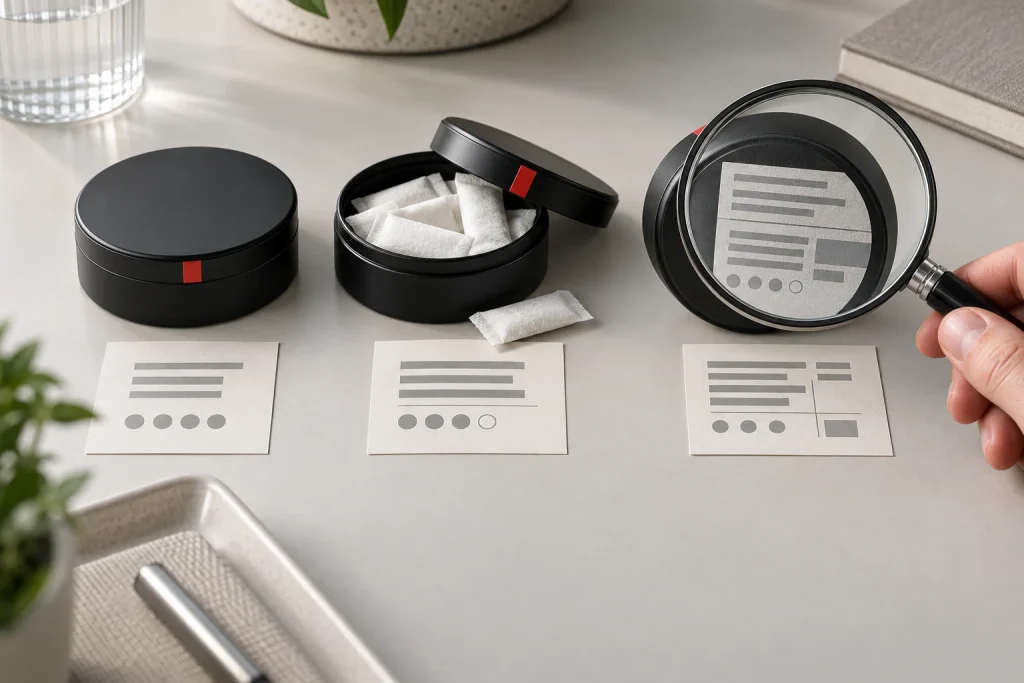 Adult hand comparing pack labels with a magnifier