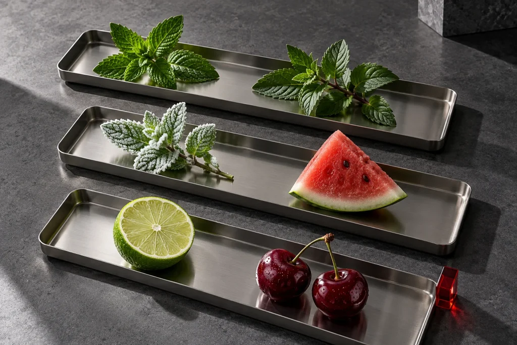 Mint and fruit flavour-name references on three comparison trays