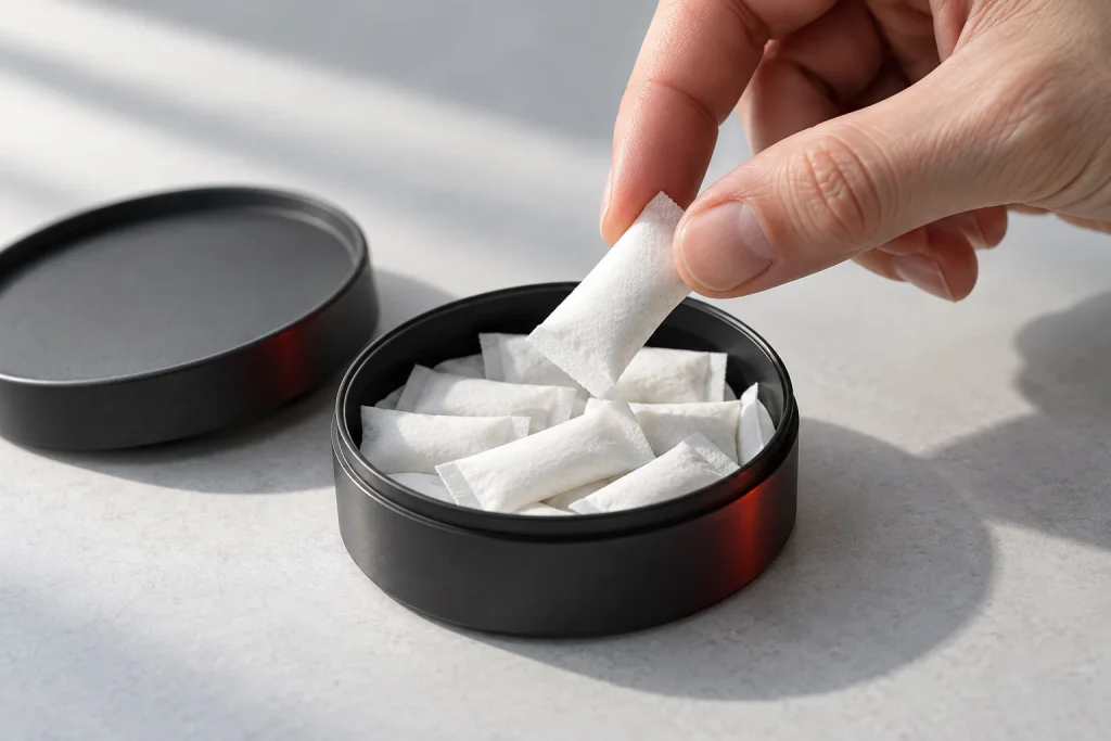 Adult hand taking a single pouch from an open tin