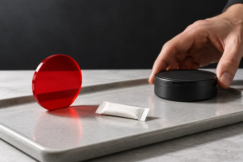 Plain pouch beside a red caution form, with an adult hand setting a closed can aside
