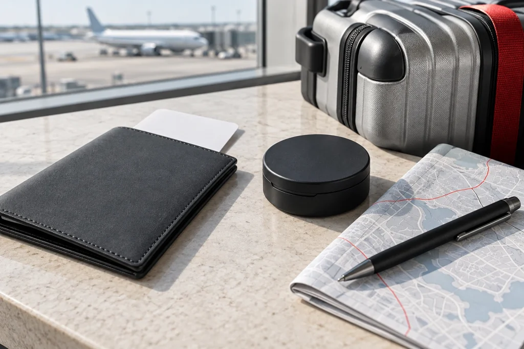 Travel preparation with a closed can, passport wallet, route map and cabin luggage