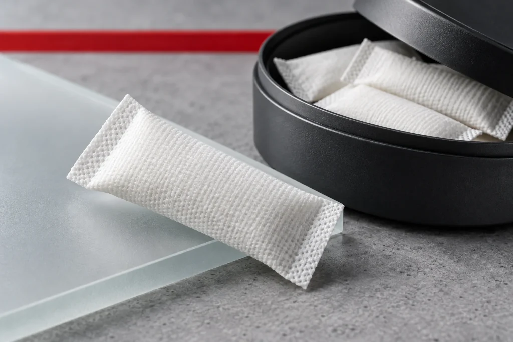 Plain slim oral pouch and open unbranded tin showing the pouch format