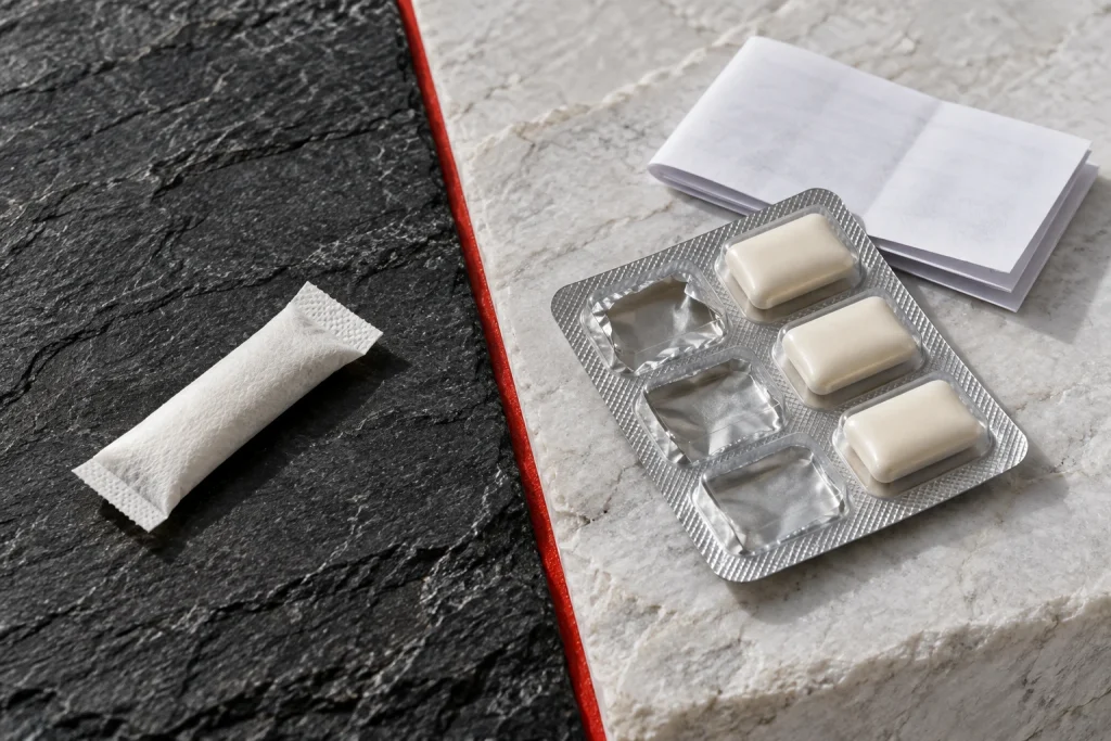 Plain oral pouch beside unbranded medicinal gum blister and folded instructions
