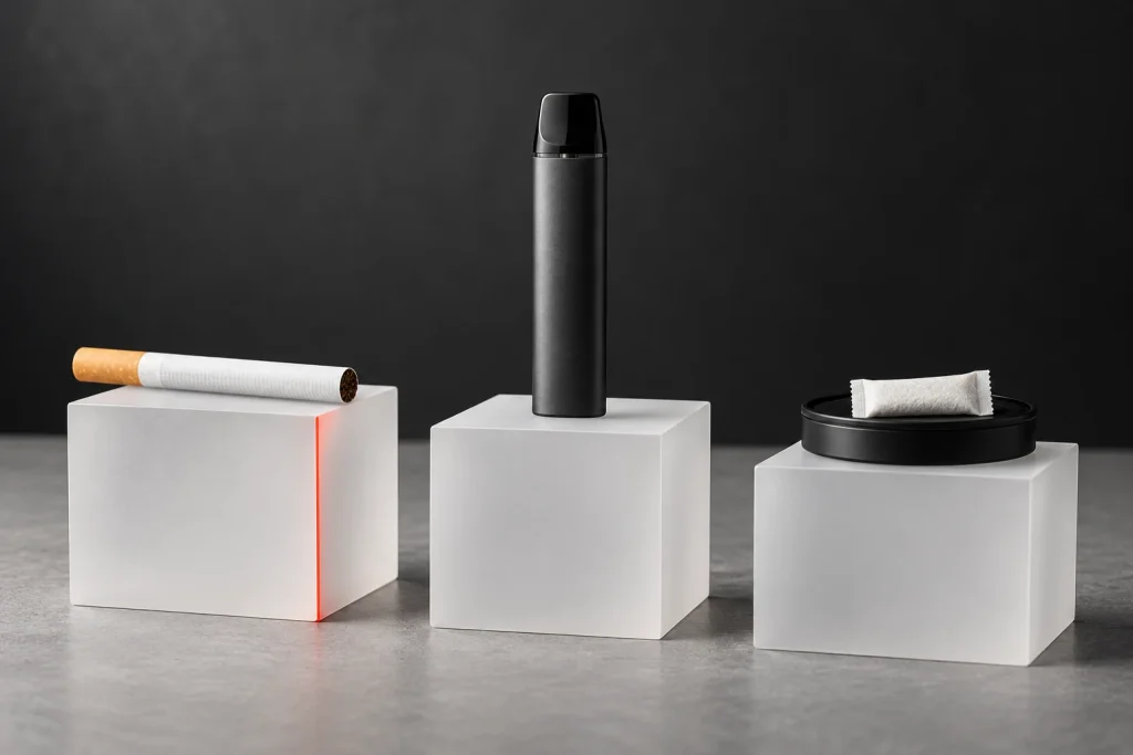 Unlit cigarette, inactive vape and plain white pouch on equally sized plinths