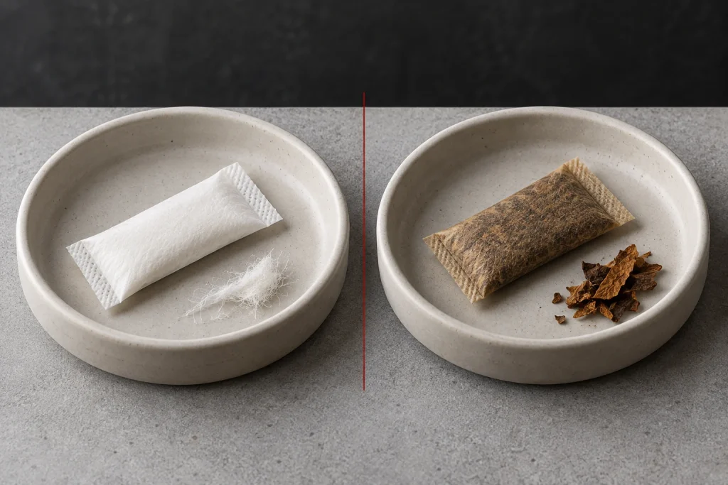 White cellulose pouch and brown tobacco pouch shown with their different contents