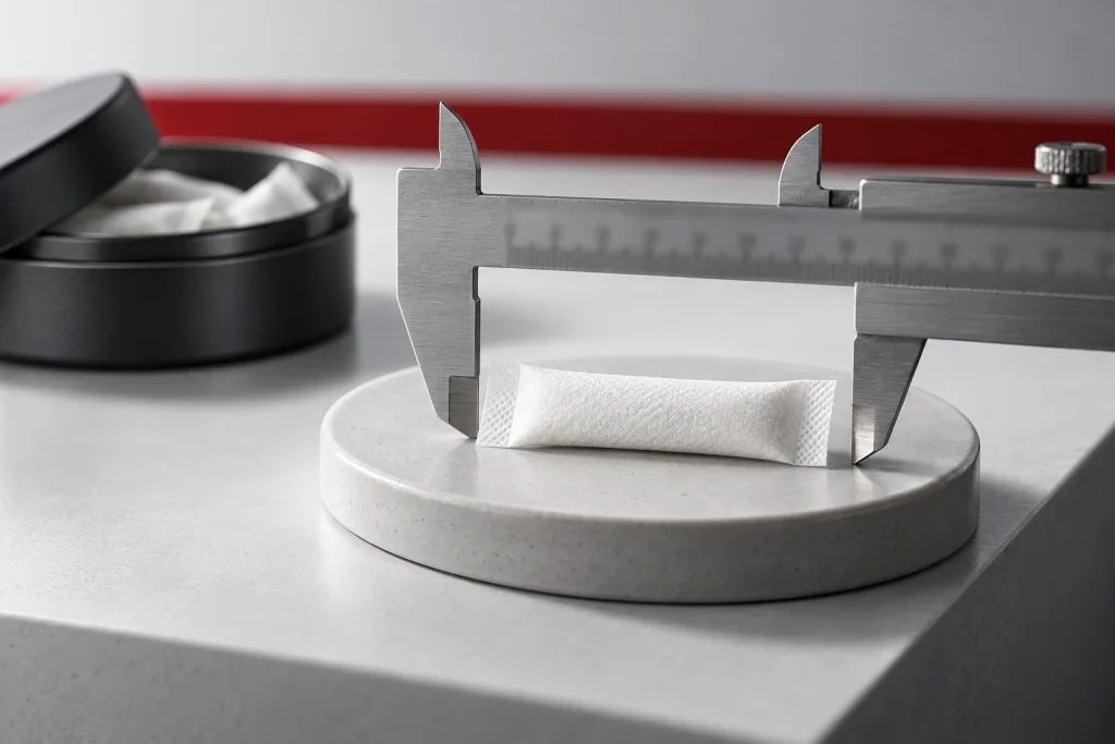 A slim pouch next to a precision caliper