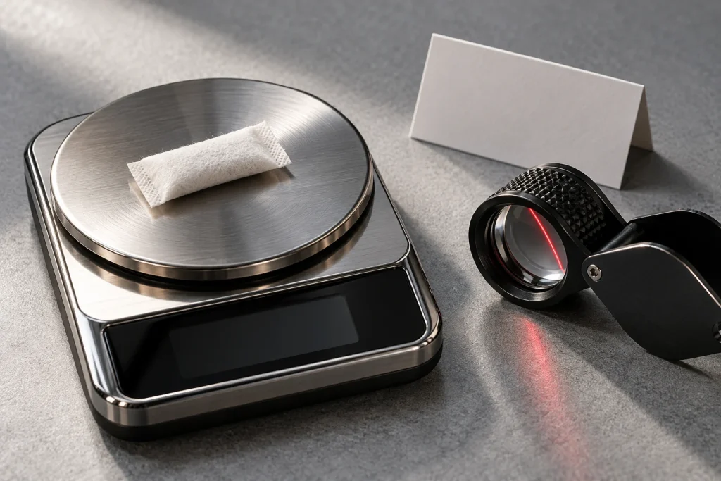 Plain pouch on a precision scale beside a label-reading loupe