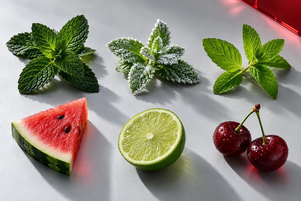 Six botanical flavour references arranged as a comparison map