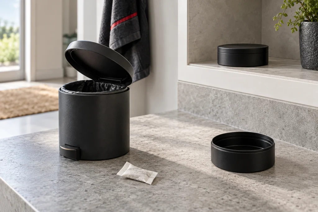 Closed can stored separately from a used pouch and a general-waste bin