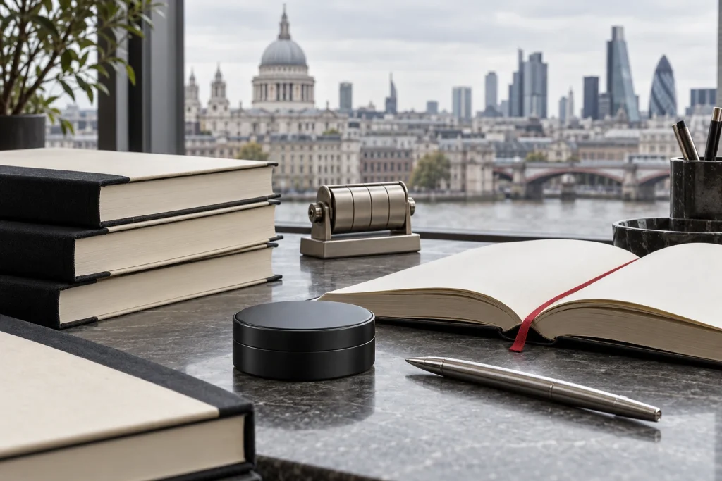 Legal reference books, a date roller and an unbranded can on a London research desk