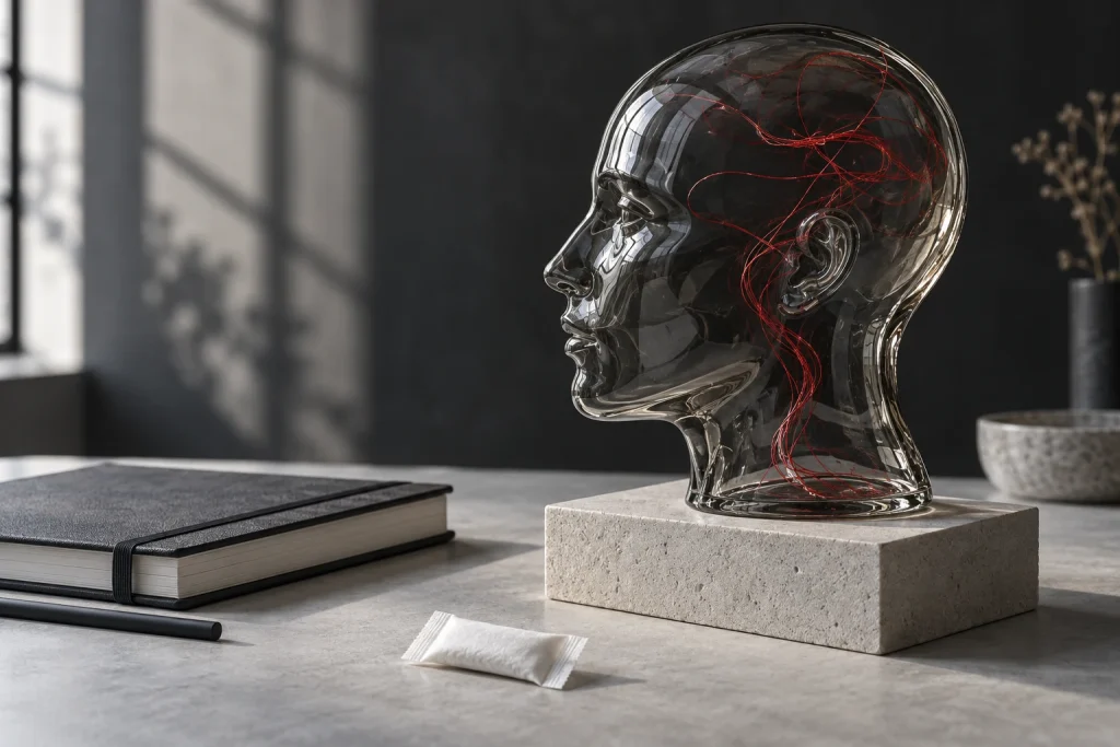 Conceptual glass head sculpture with red threads beside a plain pouch and notebook