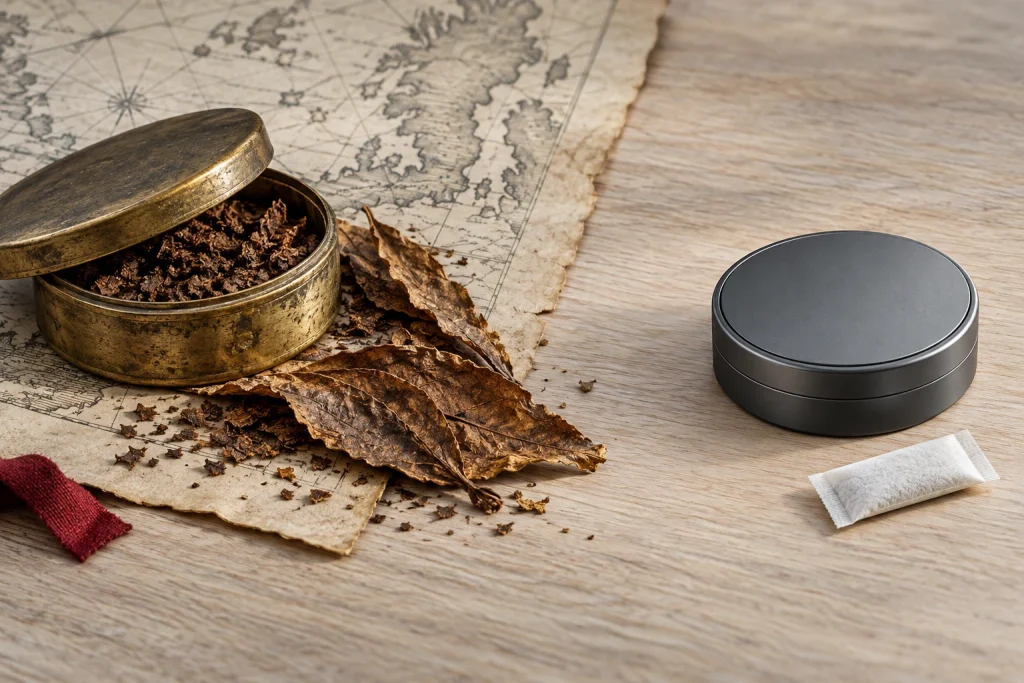 Historic snuff box and tobacco leaves separated from a modern can and white pouch